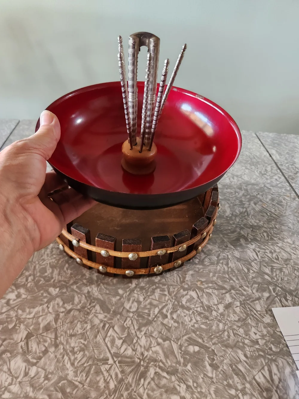 Vintage Source Unknown Red Enamel Nut Bowl with Wooden Rim and Metal Picks